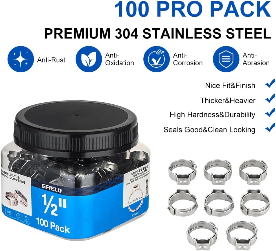 100Pcs Pro EFIELD 1/2-inch Pex Crimp Cinch Clamp Rings(CLAMP016-100)