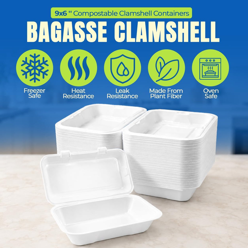 . 9x6 '' Compostable Clamshell Containers, 100 Pack, Eco-Friendly Disposable Takeout Food Boxes, Biodegradable To-Go