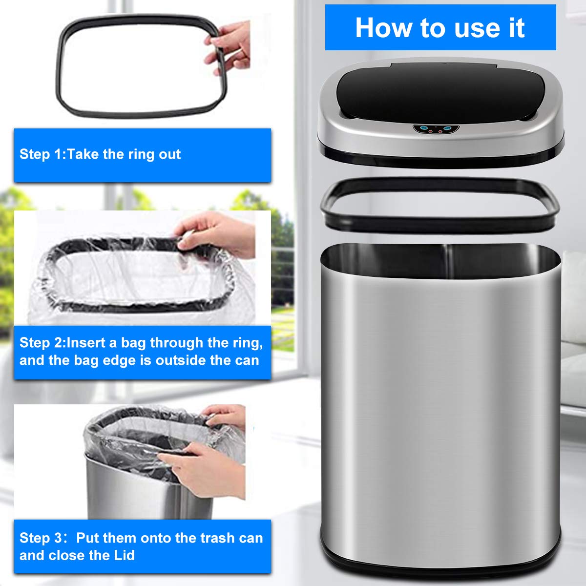 13 Gallon Kitchen Trash Can Garbage Can Waste Bin with Lid Automatic Touchless Stainless Steel Durable Trash Can for