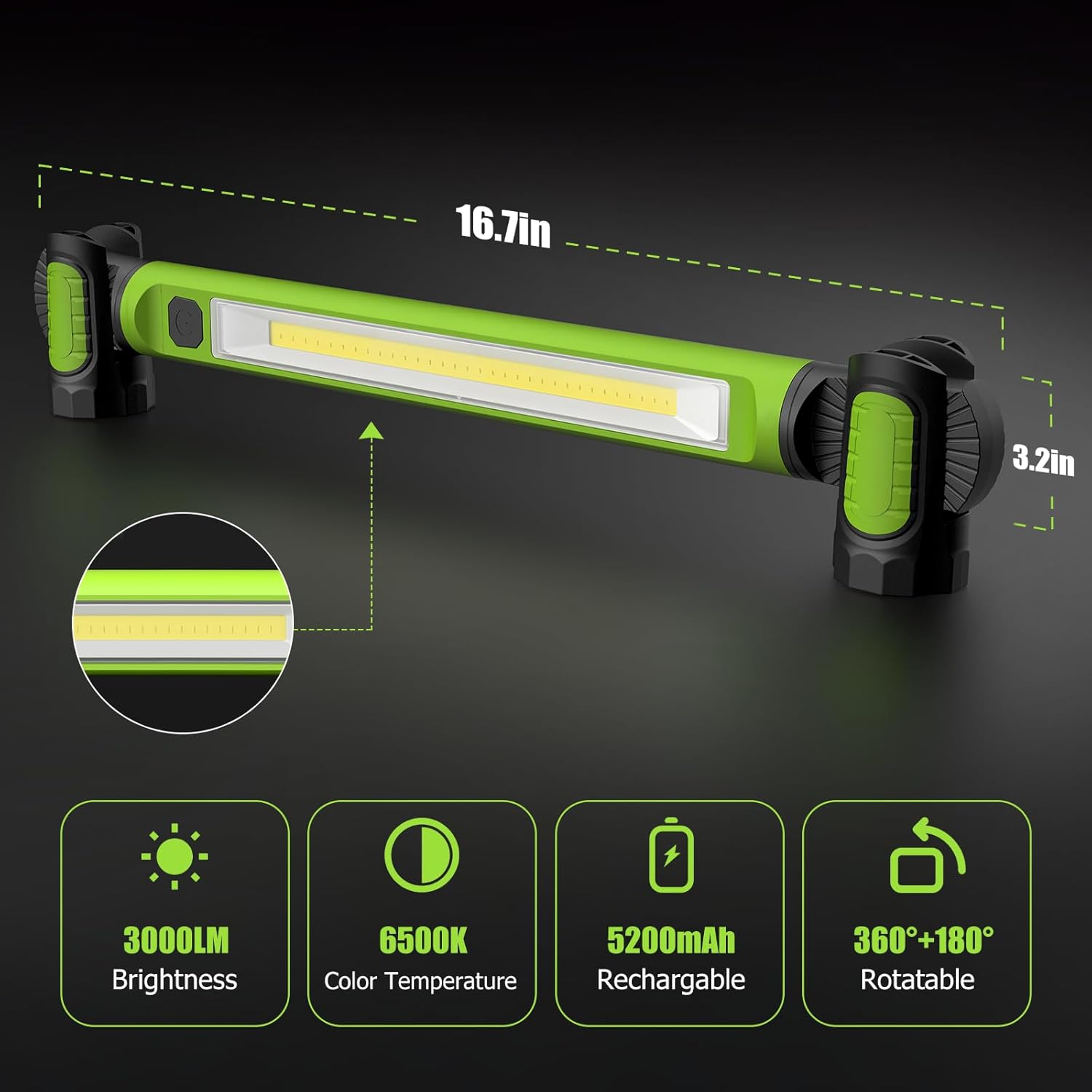 Mechanic Work Light, 3000LM Magnetic Work Lights, 5200mAh Rechargeable LED Work Light Bar, Portable Cordless