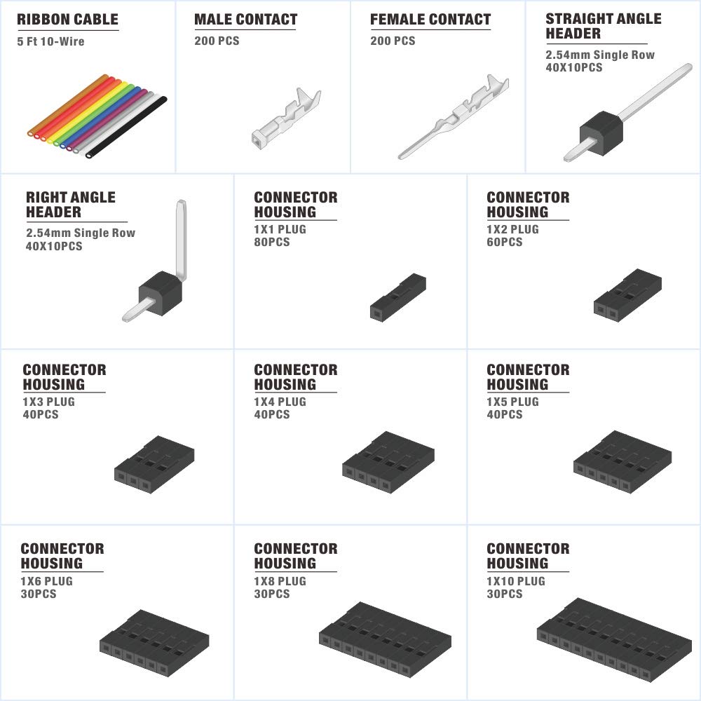 IWISS 1550PCS 2.54mm Pitch Dupont Connector Kit, Includes Pin Headers, Jumper Wire, Crimp Pins for RC Servo, Arduino, SMT, SATA, EPS, PCIe, Battery Balancer