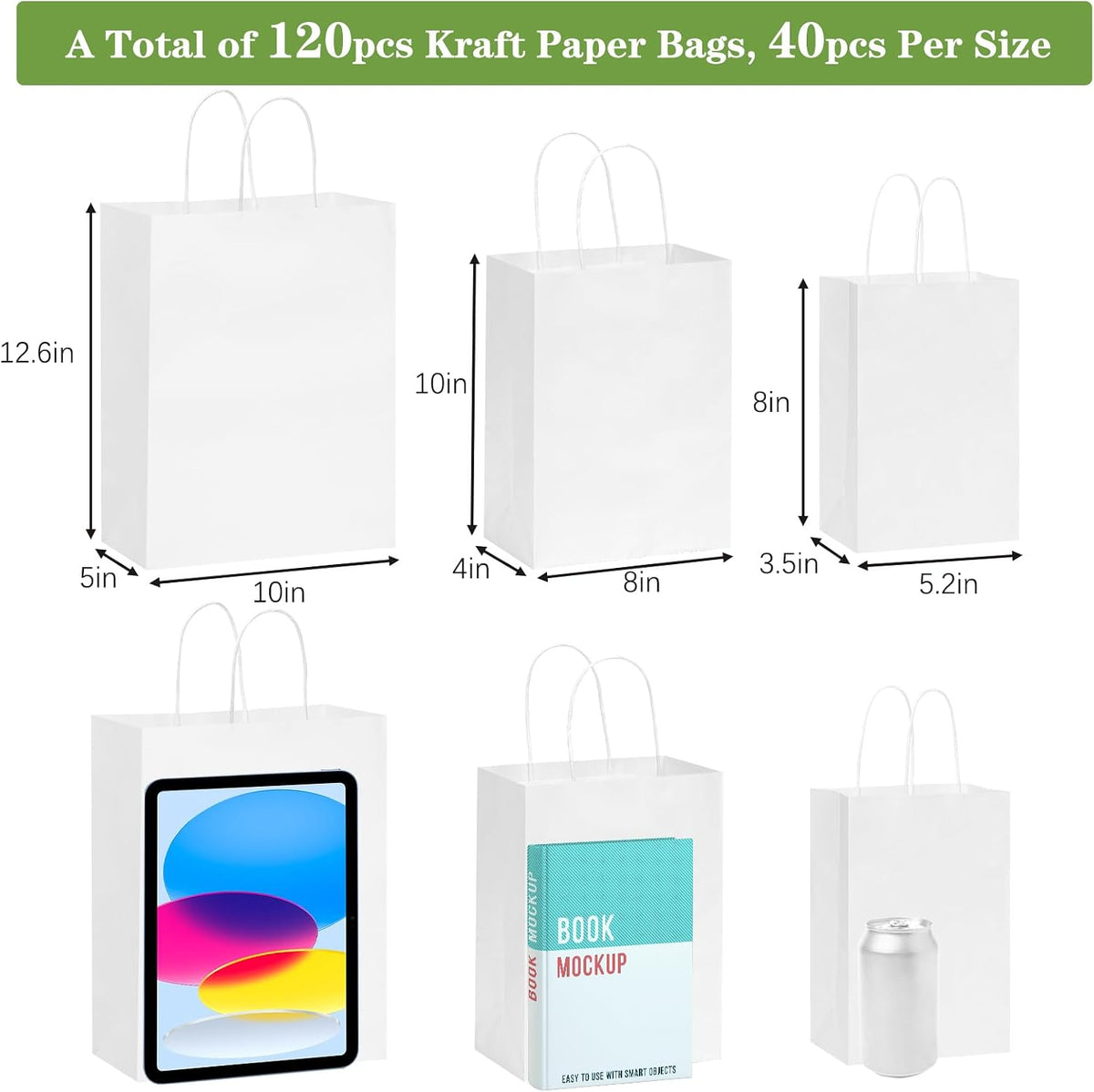 120pcs Paper Bags with Handles Assorted Sizes Kraft White Bags