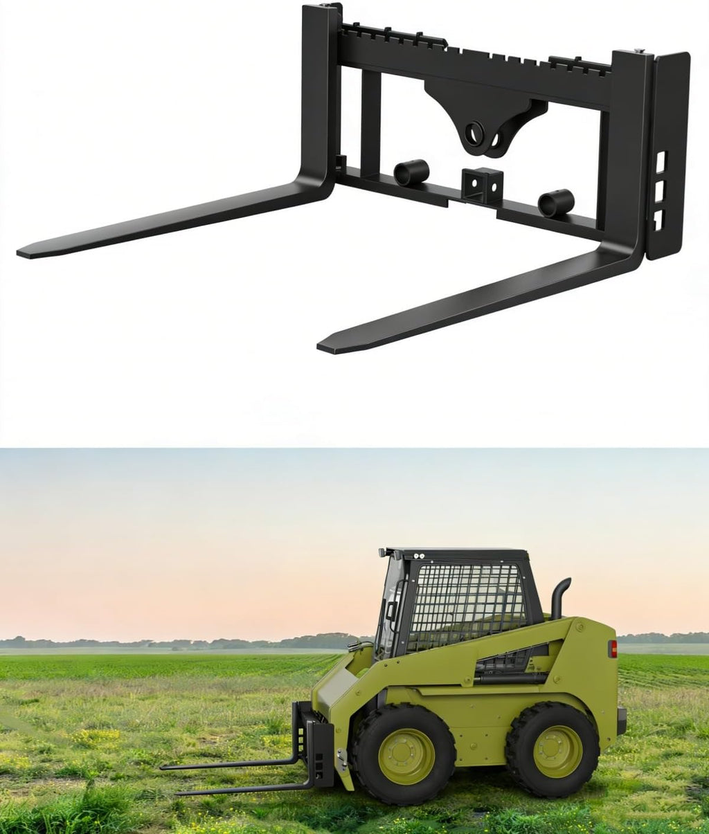 Skid Steer Pallet Fork Frame Attachment, 4000 lbs, 48" Fork Blades and 45" Pallet Fork Frame, with 3 Hay Spear