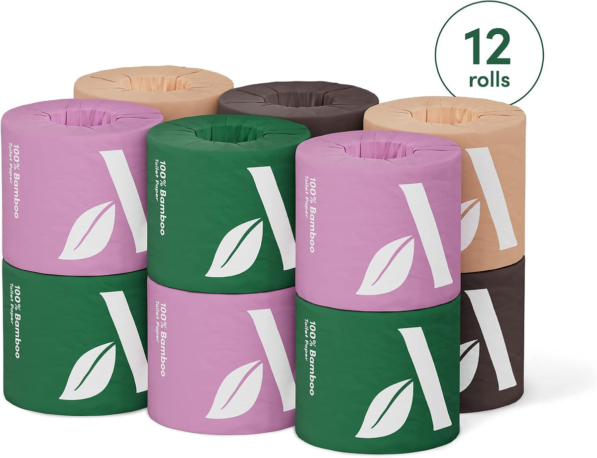 3-ply Bamboo Toilet Paper, Unscented, 12 Rolls, 350 Sheets per roll, Total 4200 Sheets, Plastic-Free