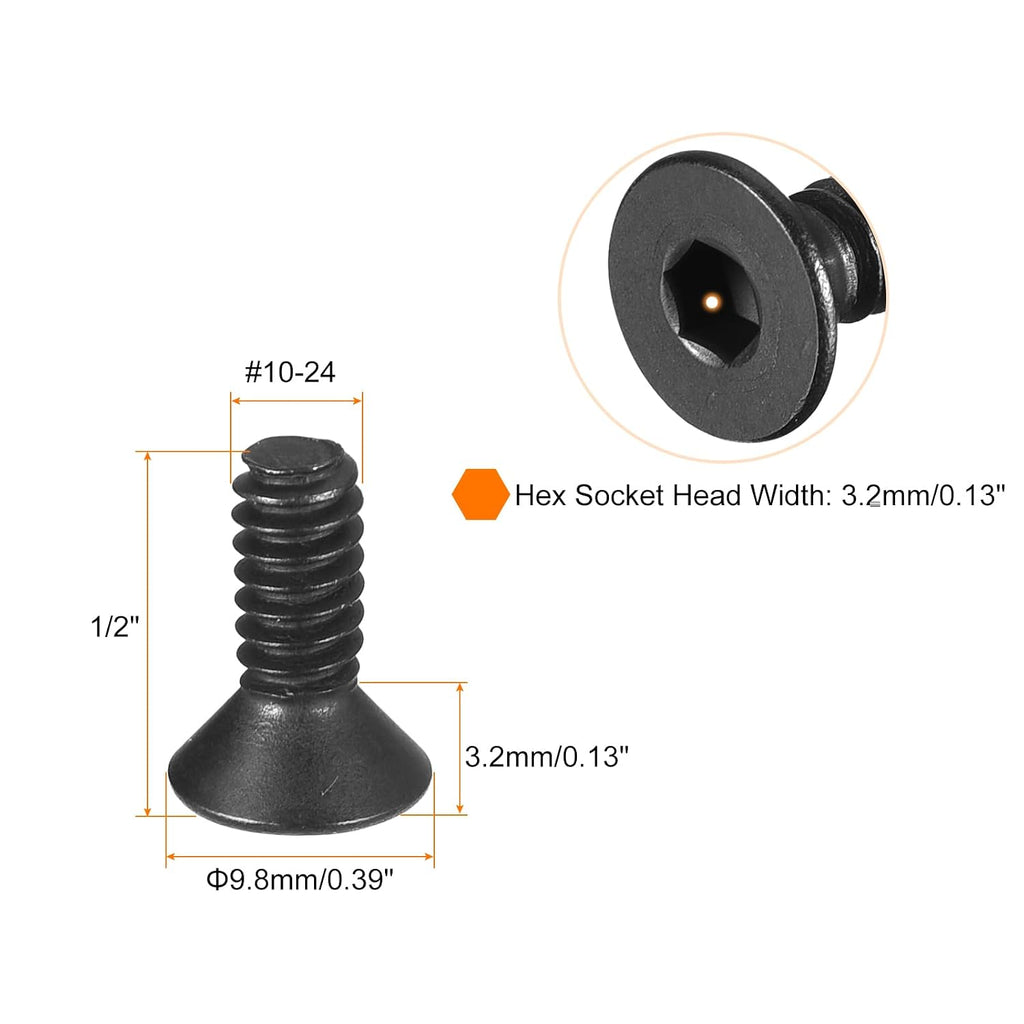 uxcell #10-24x1/2 Flat Head Socket Cap Screws, 10.9 Grade Carbon Steel Hex Socket Countersunk Flat Head Screw Bolts Machine Screws Fasteners, Fully Threaded, Black Oxide, 20Pcs