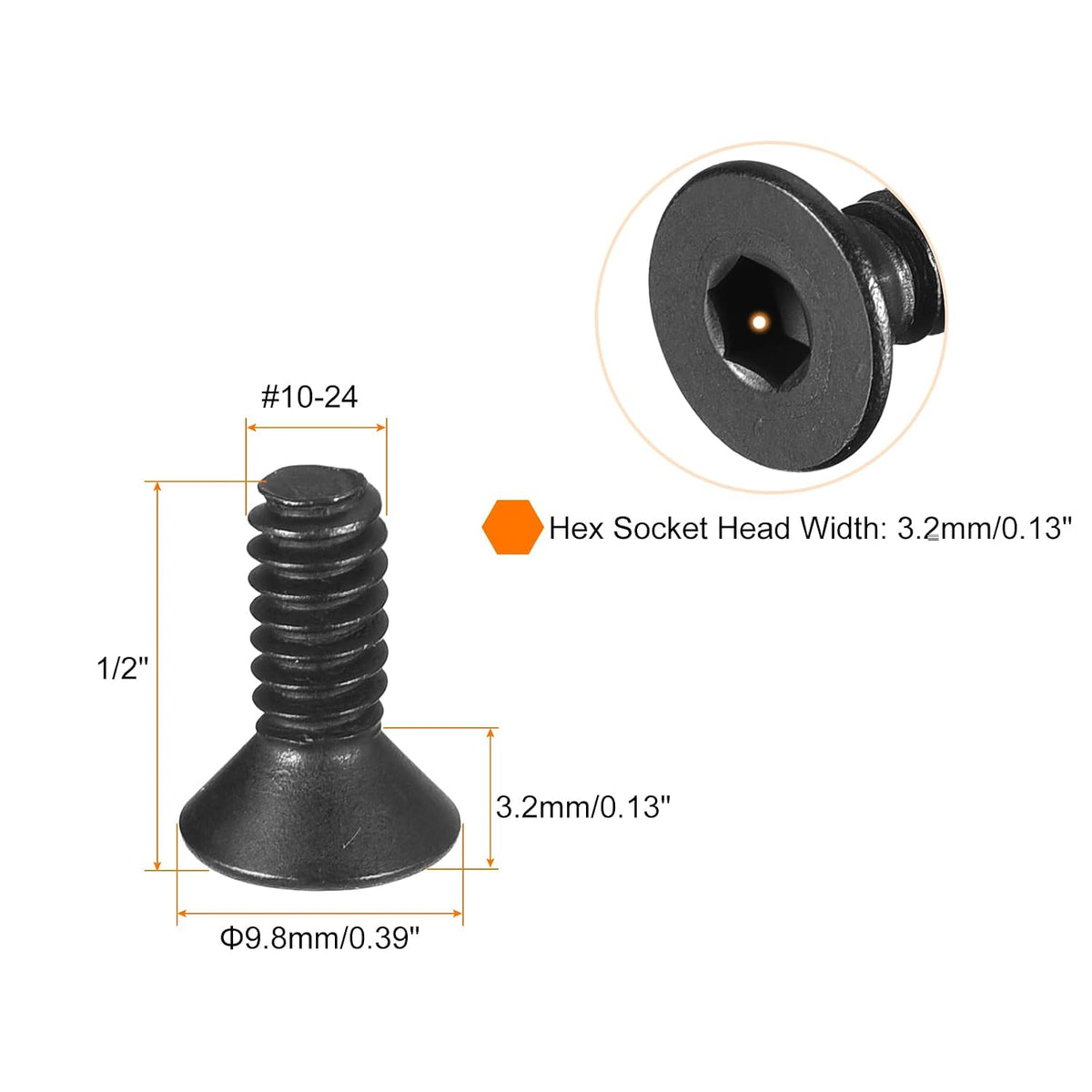 uxcell #10-24x1/2 Flat Head Socket Cap Screws, 10.9 Grade Carbon Steel Hex Socket Countersunk Flat Head Screw Bolts Machine Screws Fasteners, Fully Threaded, Black Oxide, 20Pcs
