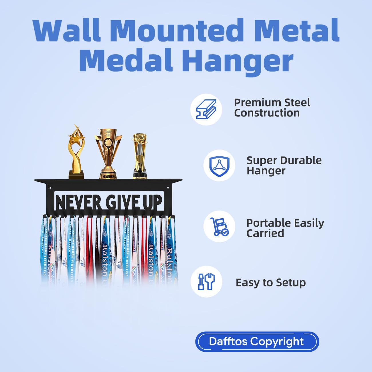 Medal Hanger - Ribbon Holder & Display Frame for Medals & Awards - Wall Mounted Metal Trophy Rack - Easy to Install