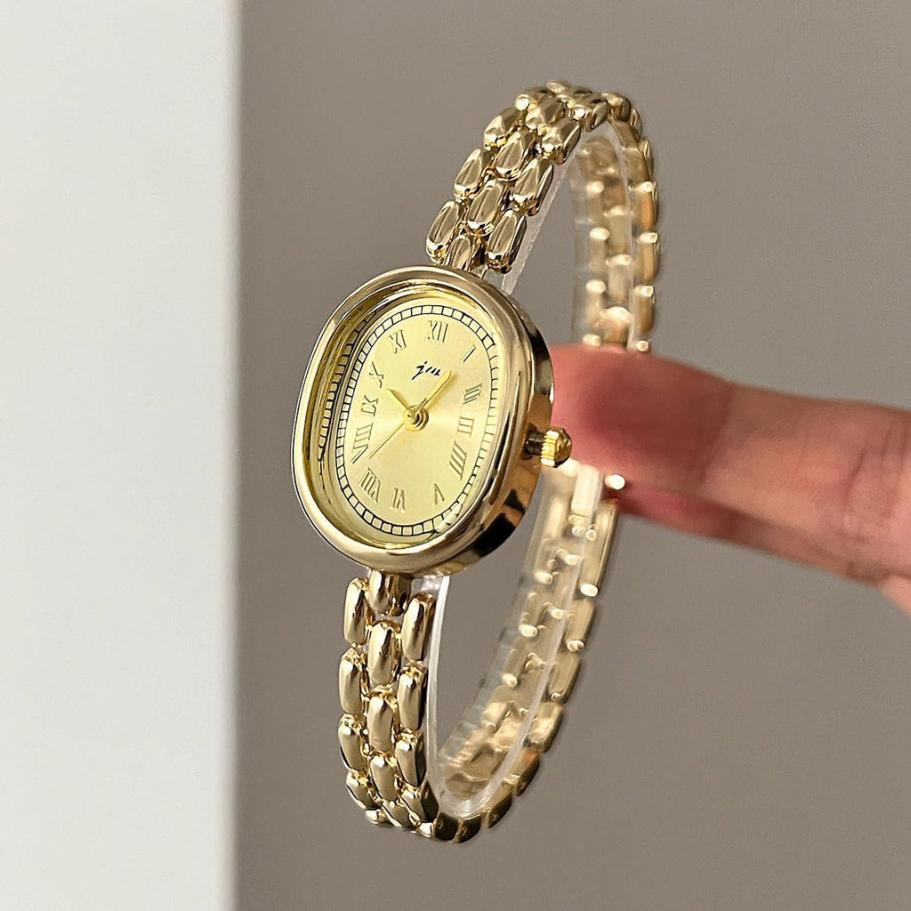 Women’s Bracelet Watch Small Face Oval Quartz Analog Wristwatch (Gold) | with Metal Link Band, Gold & Silver Options