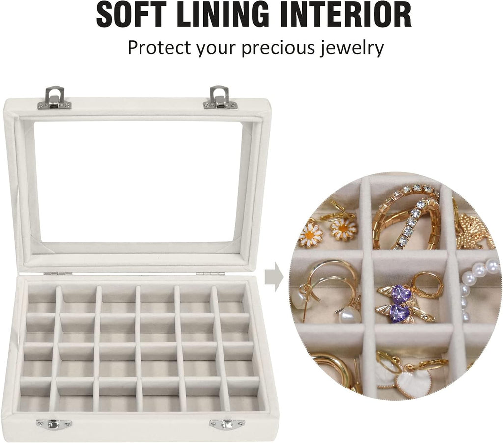 Velvet Jewelry Box 24 Grid Jewelry Ring Display Organizer Box Tray | Holder Earrings Storage Case for Girls Wife Mom