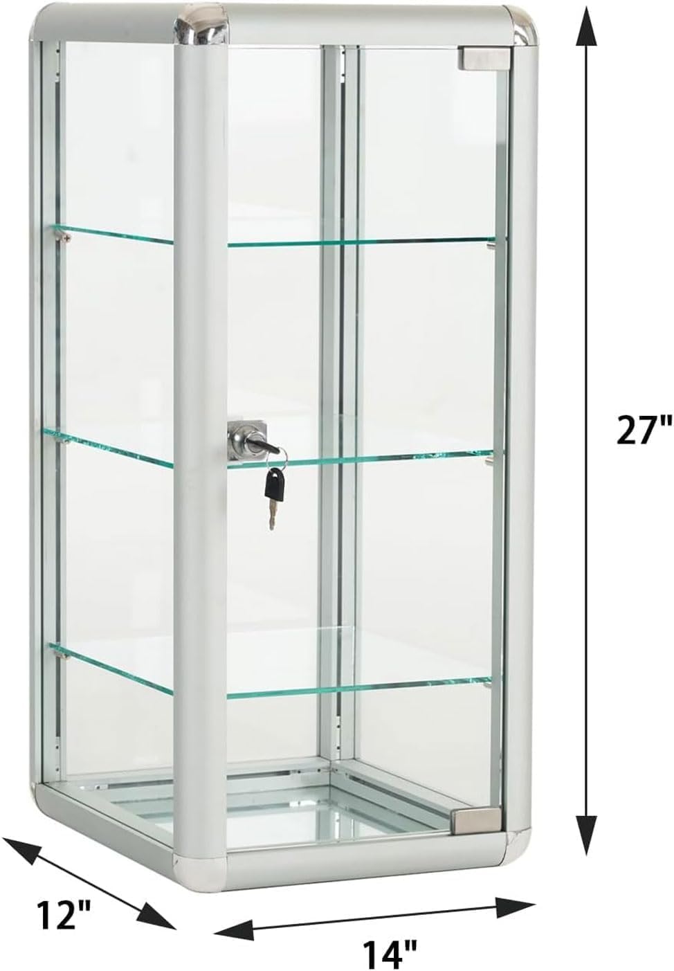 14" W x 27" H x 12" D, Silver Aluminum Tempered Glass Top Display Case with Lock, Key and 3 Glass Shelves for Retail
