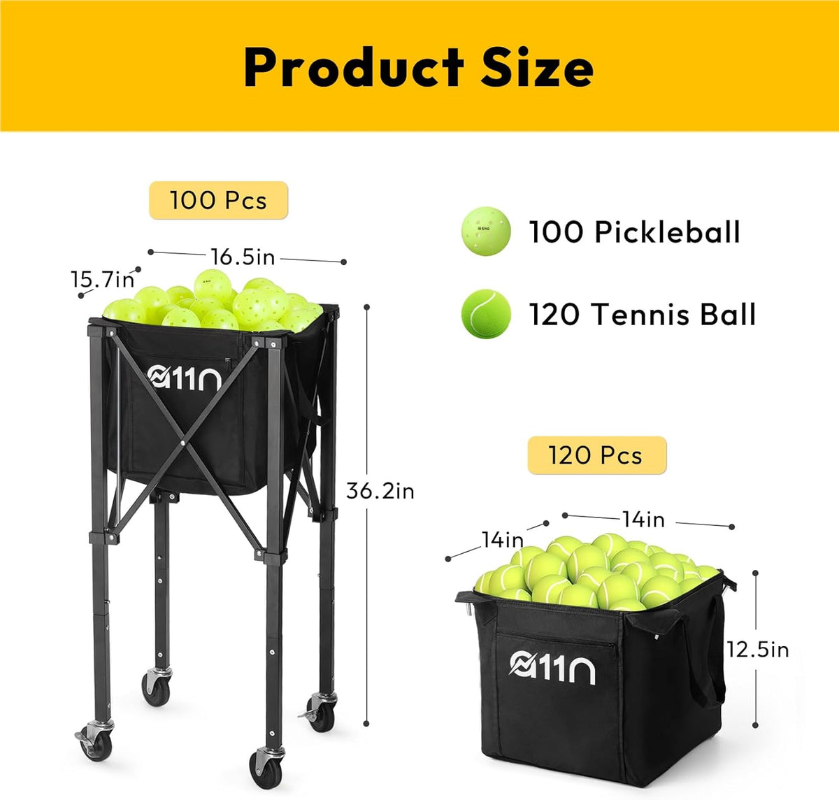 Pickleball & Tennis Ball Hopper with Wheels, Foldable Cart