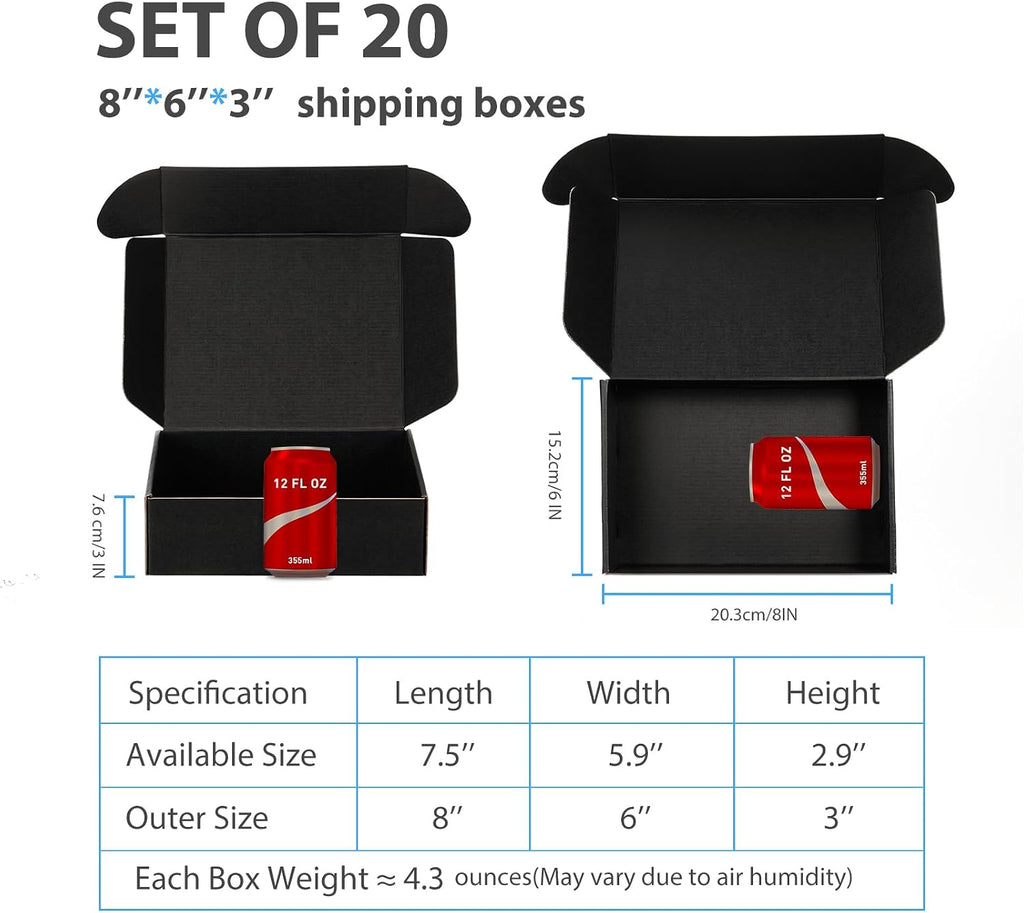 Black Shipping Boxes 8x6x3 Inches, 20 Pack