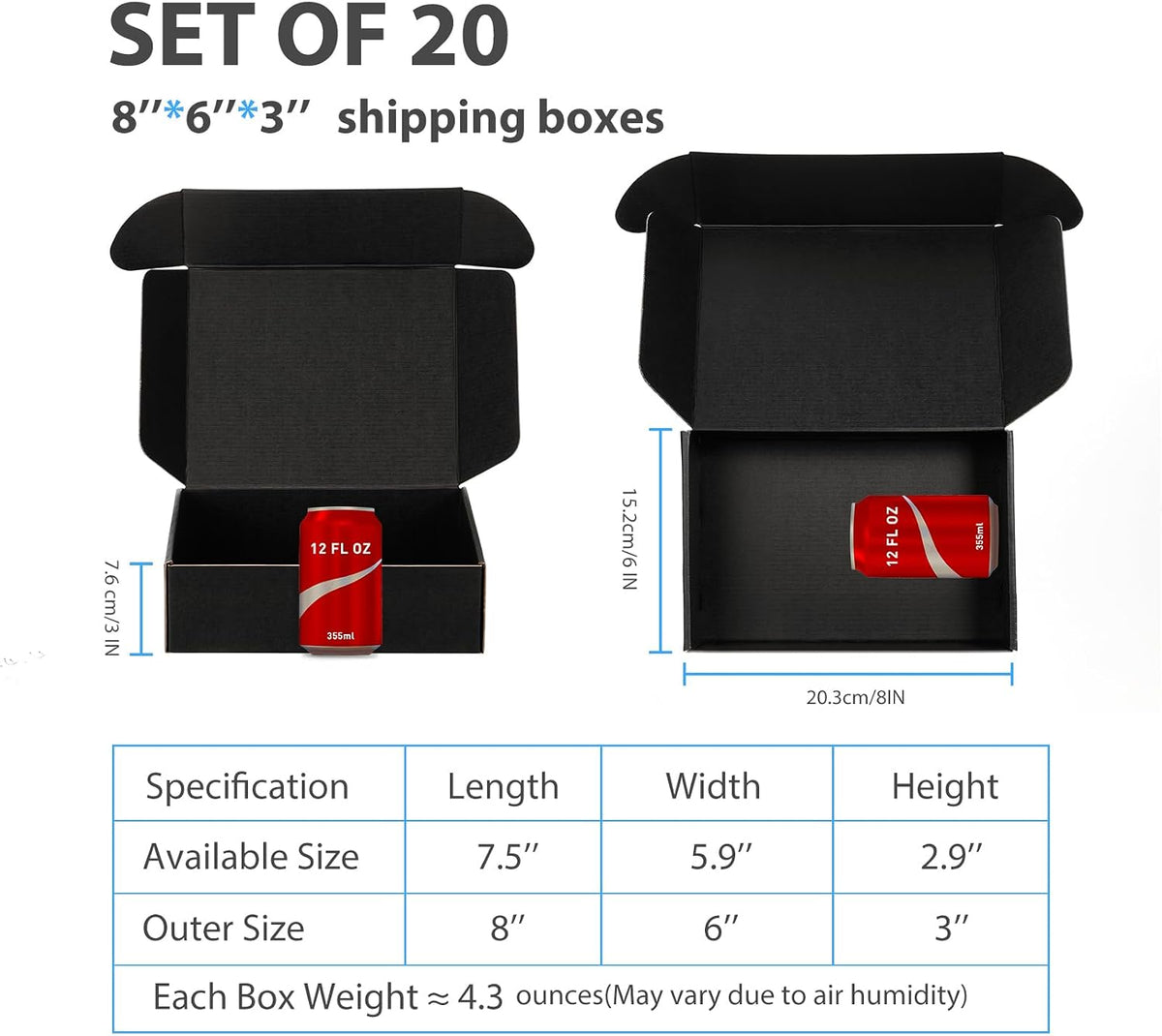 Black Shipping Boxes 8x6x3 Inches, 20 Pack