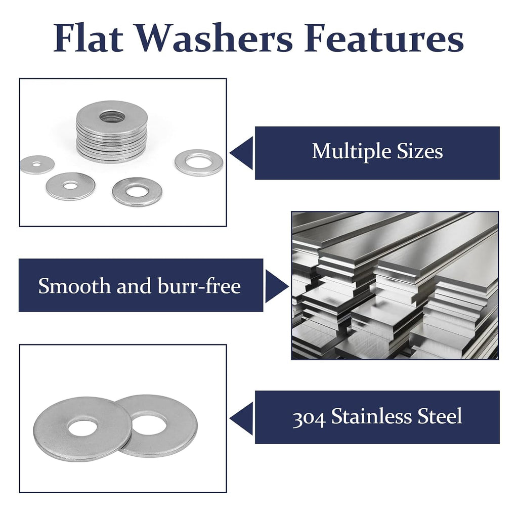 290Pcs Stainless Steel Flat Washers Assortment Kit;Fender Washer M3-M12