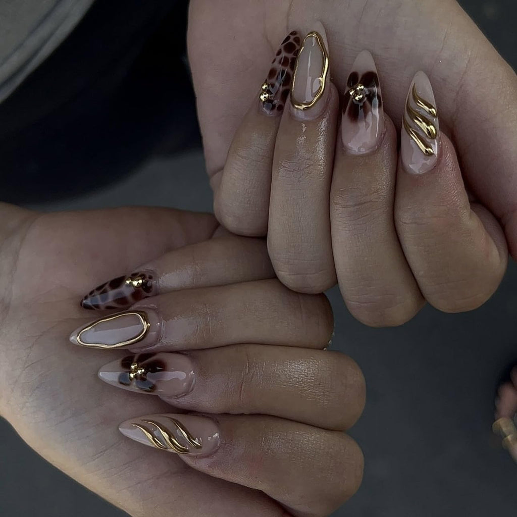 Brown Almond Press on Nails - Medium Leopard Fake Nails with 3D Gold&Flower Designs, Glossy Finished Reusable False