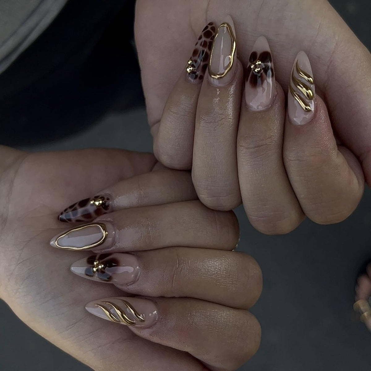 Brown Almond Press on Nails - Medium Leopard Fake Nails with 3D Gold&Flower Designs, Glossy Finished Reusable False
