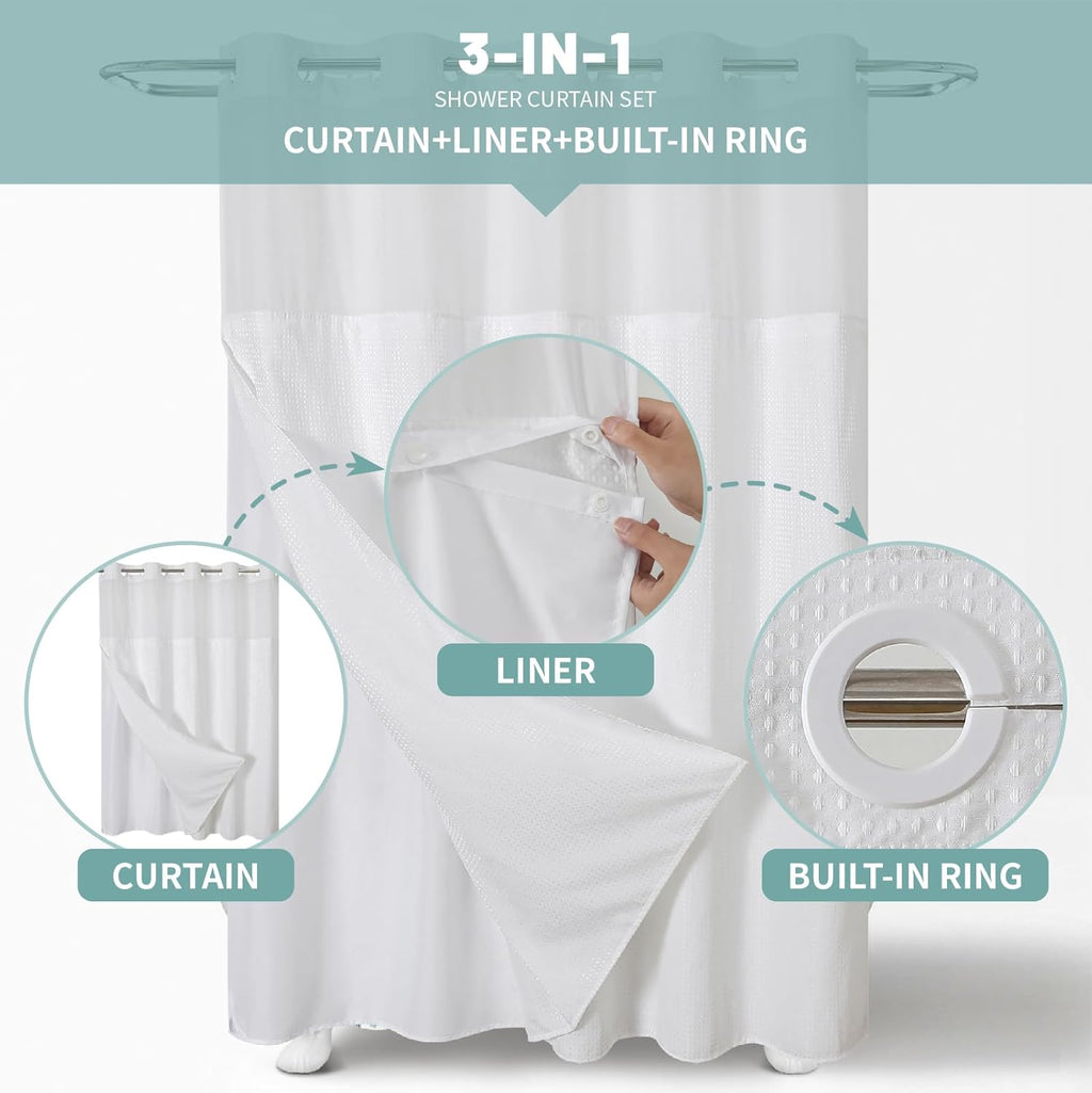 No Hook Waffle Shower Curtain with Snap-in Liner, 71x74 Inch, White | 230 GSM waffle weave fabric, waterproof liner