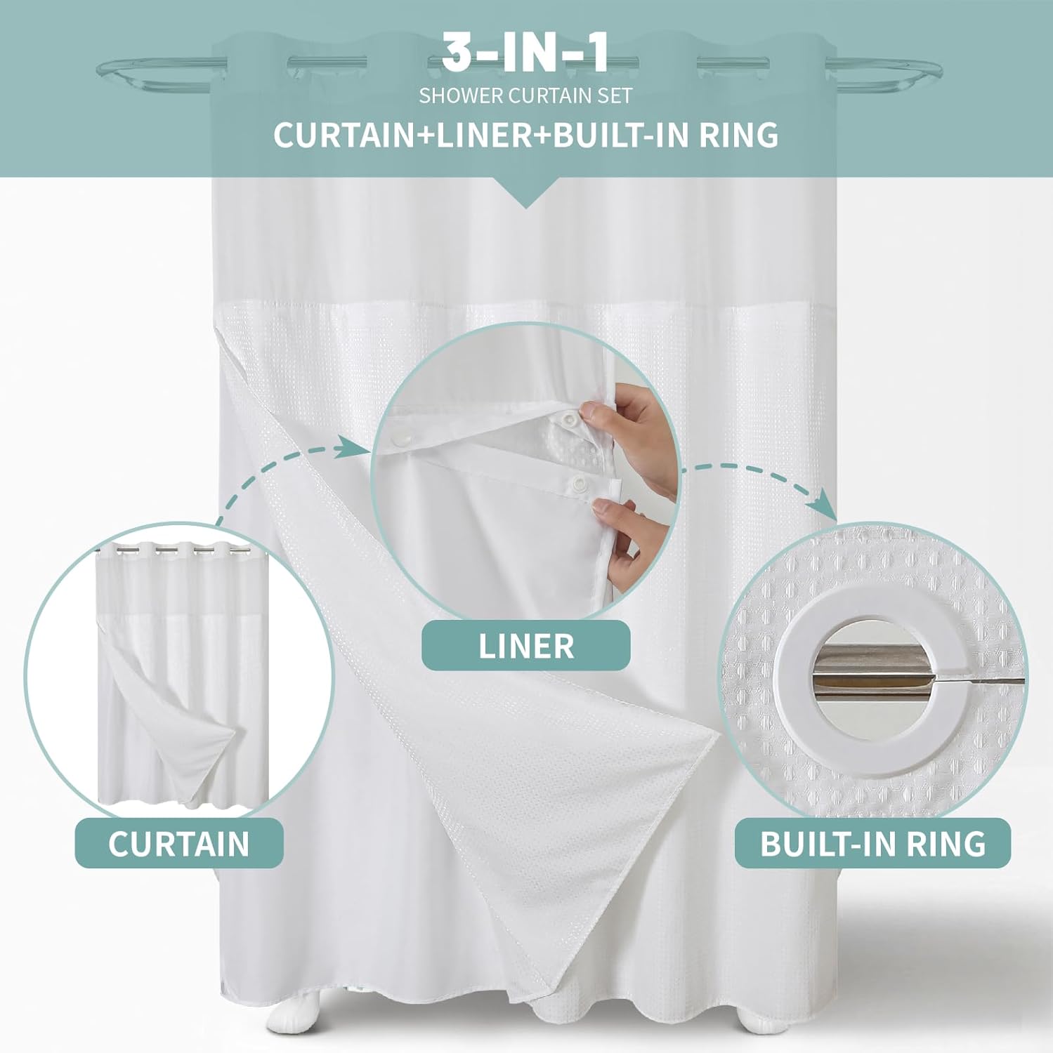 No Hook Waffle Shower Curtain with Snap-in Liner, 71x74 Inch, White | 230 GSM waffle weave fabric, waterproof liner