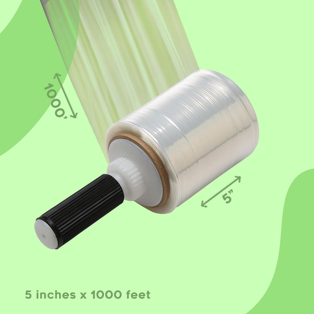 5" x 1,000 ft Clear Hand Stretch Wrap with Reusable Handle Included - 12 Rolls | Standard-Duty Film for Pallet