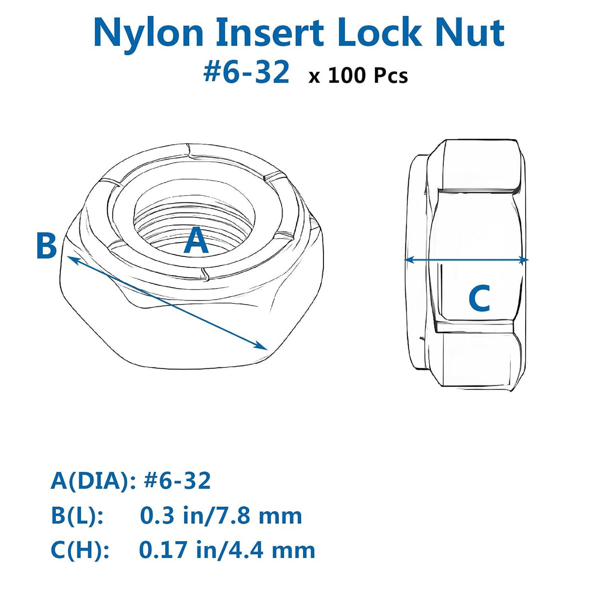 #6-32 Nylon Insert Lock Nuts,Marine Grade Hardware Nuts Coarse Thread UNC