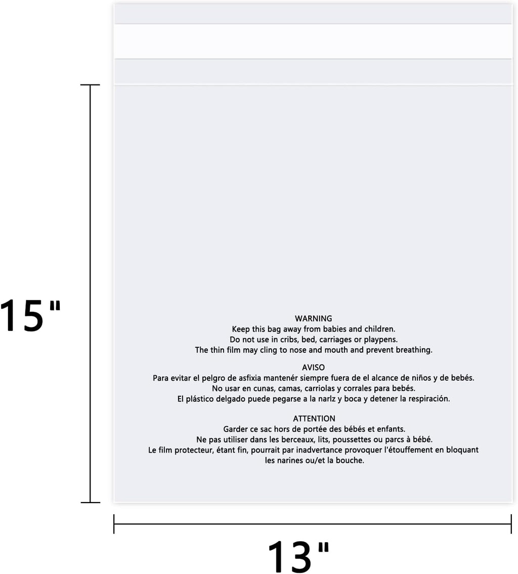 13" x 15" (100 Count) Clear Poly Bags with Suffocation Warning