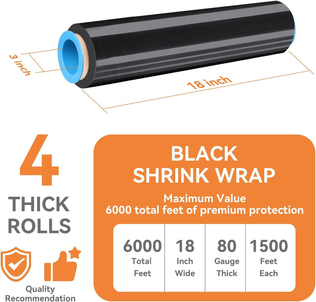 Black Plastic Stretch/Shrink Wrap Roll 18" x 1500' 4 Rolls | Plastic Wrap for Moving, Heavy Duty 80 Gauge, 600%