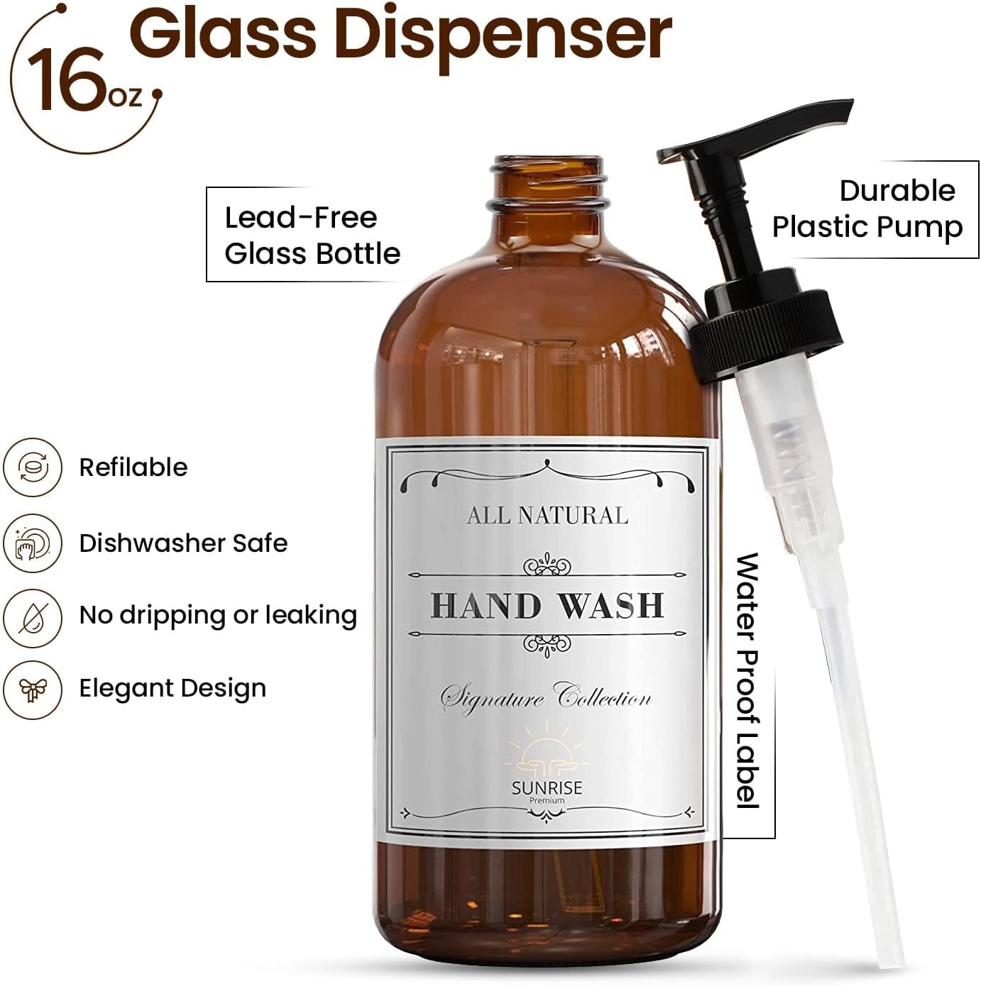 Amber Glass Soap Dispenser with Pump, 16 oz | Amber Glass, Soap Dispenser Pump Hand and Dish,Bathroom and Kitchen