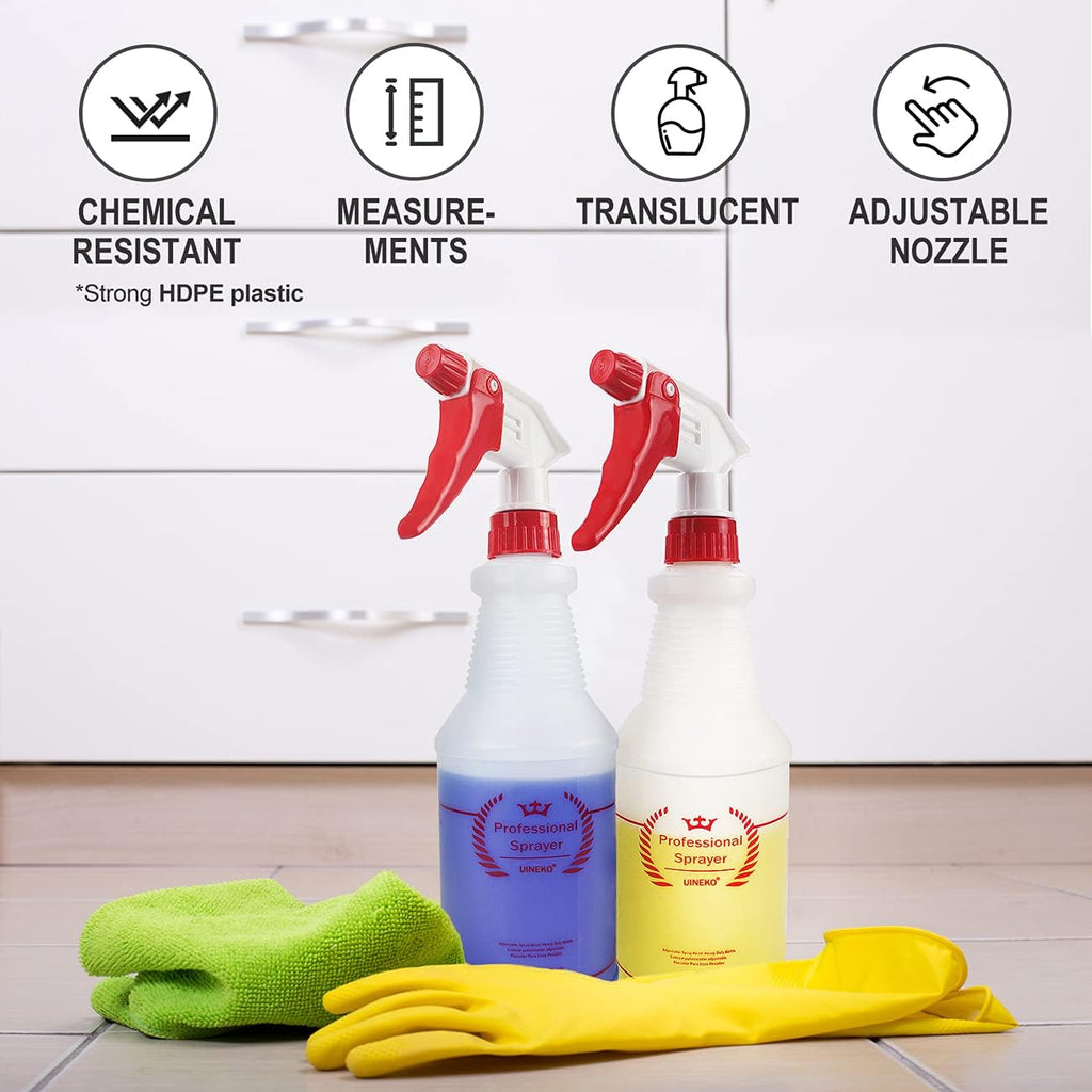 Plastic Spray Bottle (4 Pack, 24 Oz, All-Purpose) Heavy Duty Spraying Bottles Leak Proof Mist Empty Water Bottle for