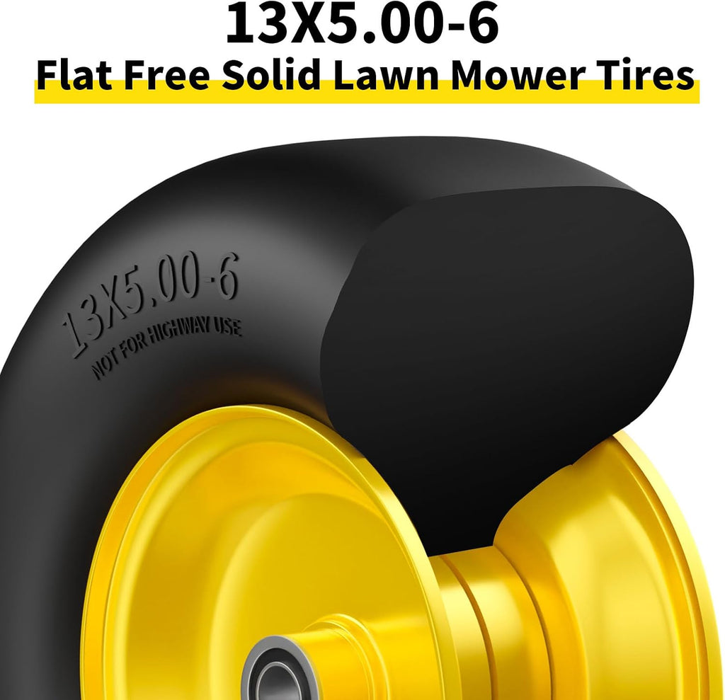 13x5.00-6 Flat Free Lawn Mower Tires and Wheel, for Zero Turn Mower | Universal 3/4", 5/8", 1/2" Bearings, 500 lbs