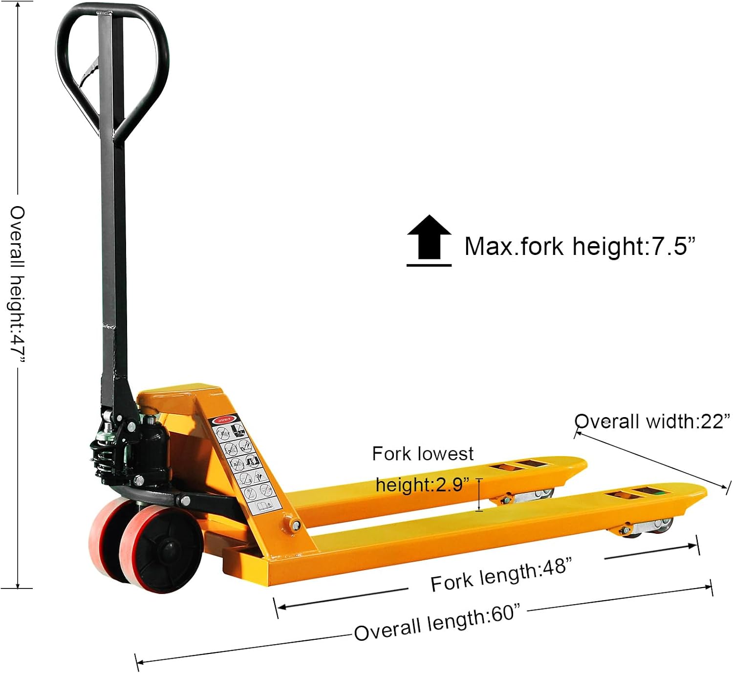 Industrial Duty Pallet Jack Truck with 27" W x 48" L Forks, 5500Lbs. Capacity, Dual PU Wheels, General Purpose Manual