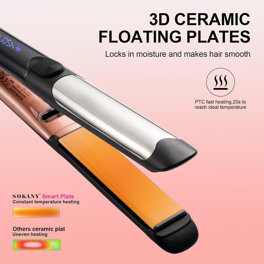 Hair Straightener and Titanium Flat Iron Curler 2 in 1 | 1 Inch Ceramic 3D Floating Panel,Dual Voltage,450°F Rapid