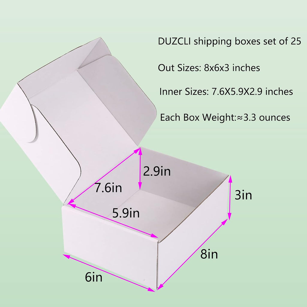 8x6x3 White Shipping Boxes for Small Business, Packing, 25 Pack