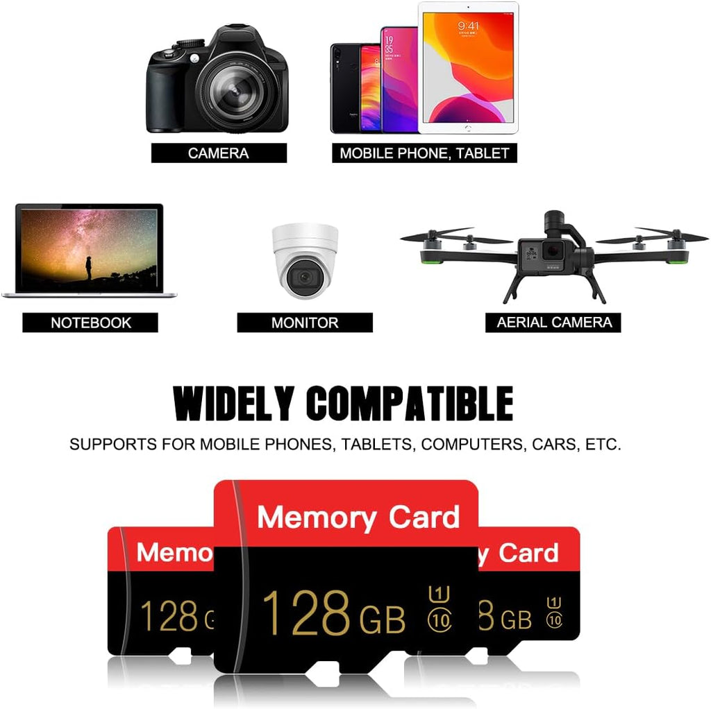 Micro Memory Card 128GB with Adapter, C10/U1/UHS-I/A1 TransFlash Card, TF Card for Camera, Smartphone, Tablet, Drone