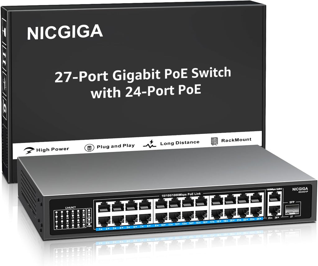 24-Port Gigabit PoE Switch with 24 PoE+@300W, 2 Gigabit Uplink Ports, 1 SFP, Sturdy Metal for Desktop/Rack Mount