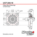 MAPLE ACE UCF206-19 Square Flange Bearing 1-3/16" Bore Self-Aligning (Qty4)