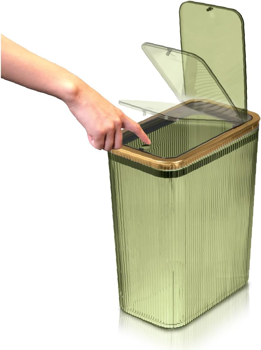 Bathroom Trash Can, 2.6 Gallon (10L) - Slim Plastic Waste Basket with Pop-Up Lid and Bag Ring - Colored Clear Trash