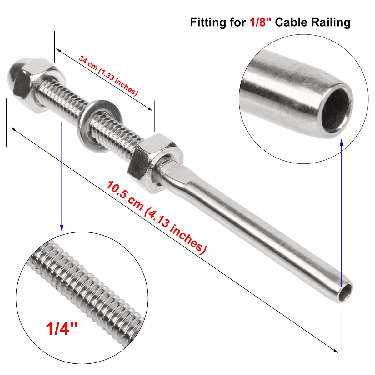 50 Pack 1/8" Cable Railing Swage Threaded Stud Tension End Fitting