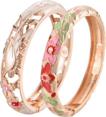 Vintage Cloisonne Jewelry Gorgeous Rhinestone Handcrafted Bracelets Enamel Flower Bird Hinged Cuff Bangles Gifts 88A