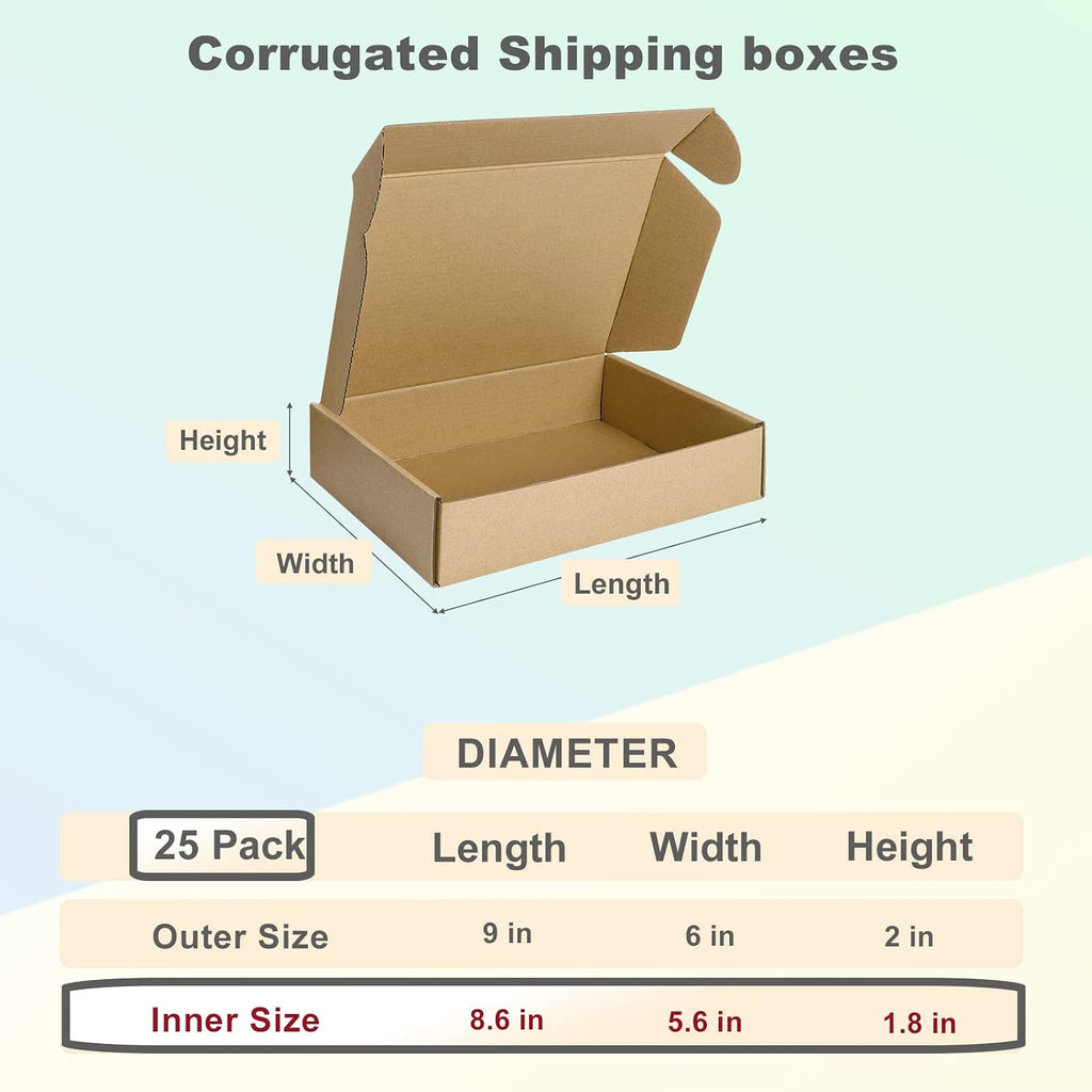 9x6x2 Inches Shipping Boxes Pack of 25, Small Corrugated Cardboard Box for Mailing Packing Literature Mailer