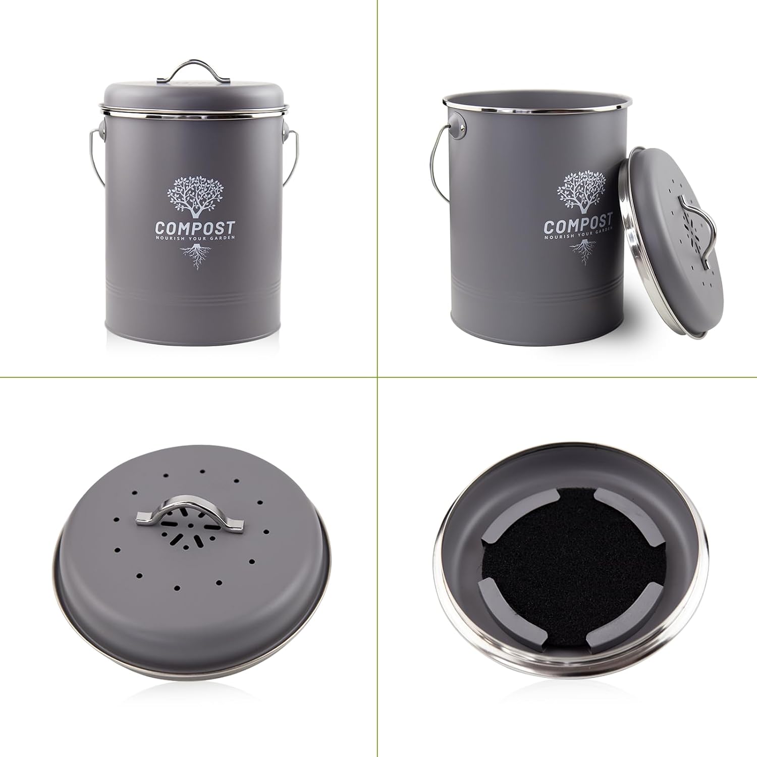 Kitchen Countertop Compost Bin, Odor Resistant Indoor Compost Bin with Lid and Charcoal Filter, Rust Resistant Coated