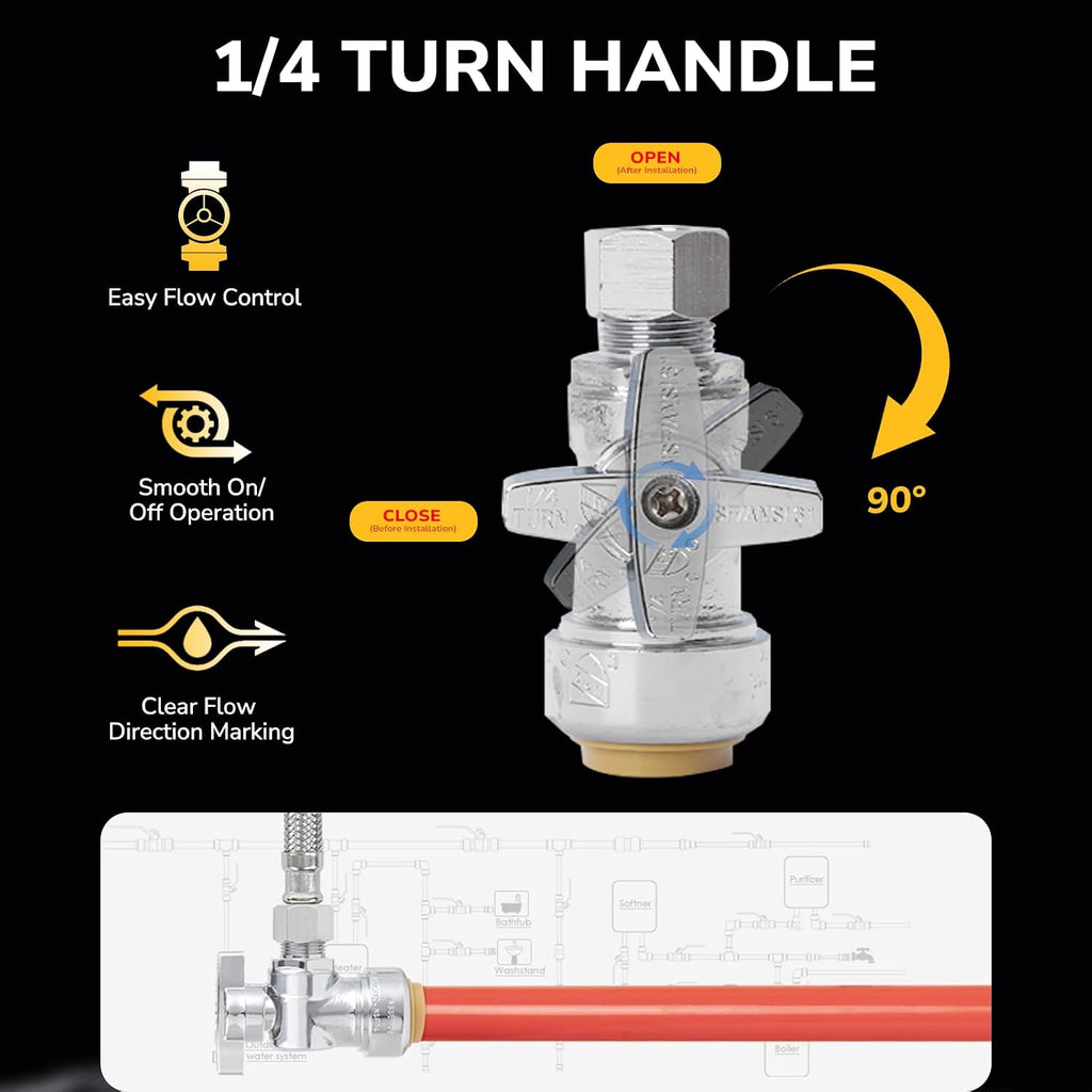 Angle Stop Valve, 1/2" PTC x 3/8" OD Compression, Toilet Water Shut Off Valve for PEX, Copper, CPVC Pipe
