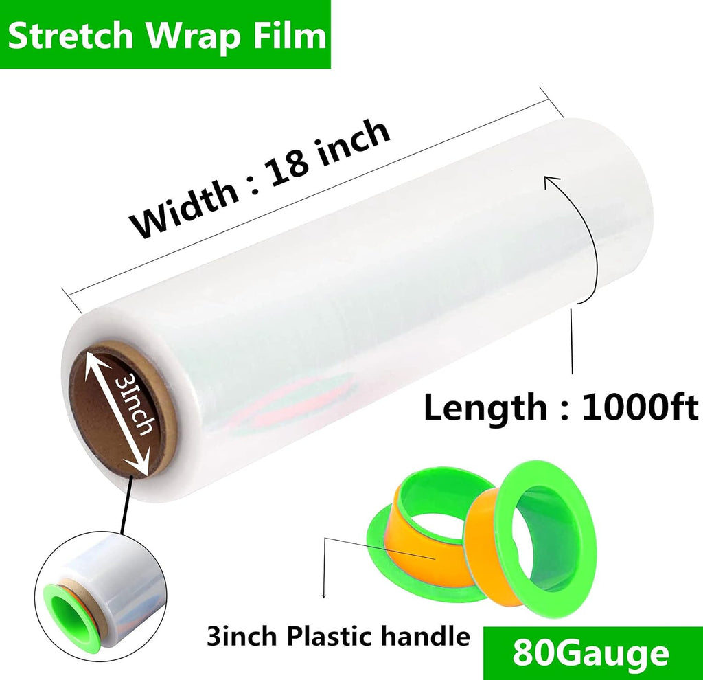 2-Pack Clear Stretch Wrap 18" x 1000 Feet 80 Gauge Industrial Strength with Plastic Handle, Plastic Pallet Supplies