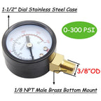 Uenede 0-300PSI Pressure Gauge 1/8" NPT Brass Bottom Mount with Bushing