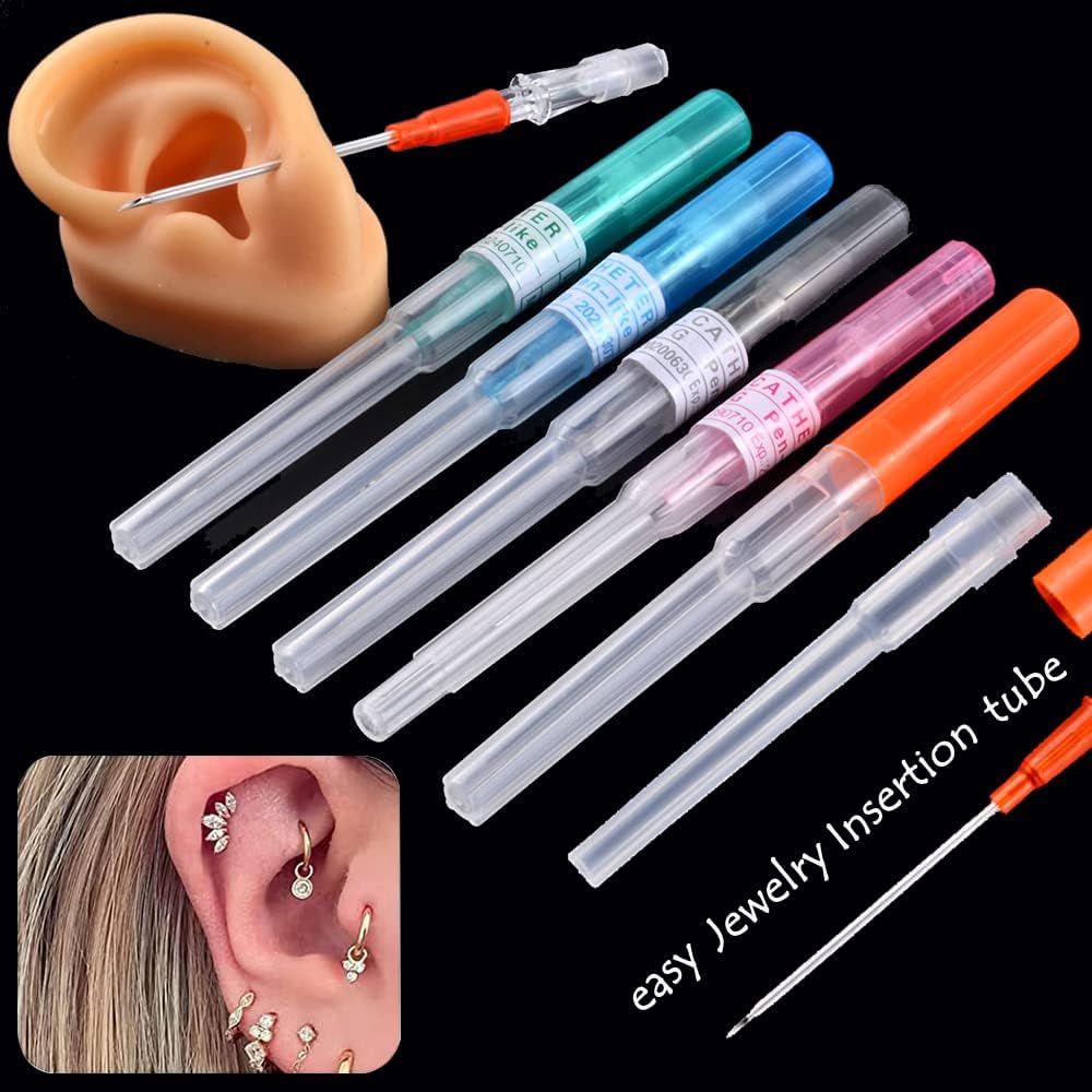 Piercing Kit - 14PCS Includeds 5PCS Mixed 16G Catheter Piercing 2PCS Piercing Clamps 5Pcs Clean Tools 2 Gloves Belly