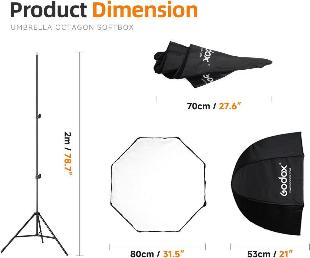 Photo Studio 80cm 31.5in Portable Octagon Umbrella Softbox | 190cm Light Stand with Hot Shoe Holder Bracket kit for