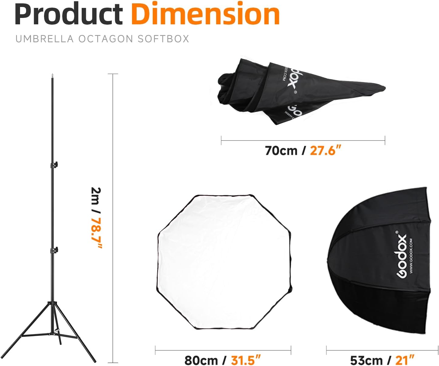 Photo Studio 80cm 31.5in Portable Octagon Umbrella Softbox | 190cm Light Stand with Hot Shoe Holder Bracket kit for
