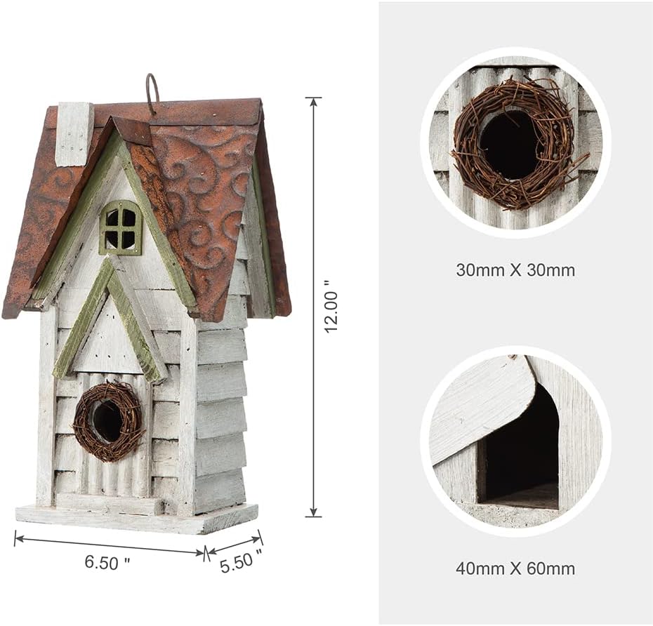 Bird Houses for Outside, 12" H Washed White Distressed Solid Wood Cottage Bird Nesting Box Hanging Bird House for