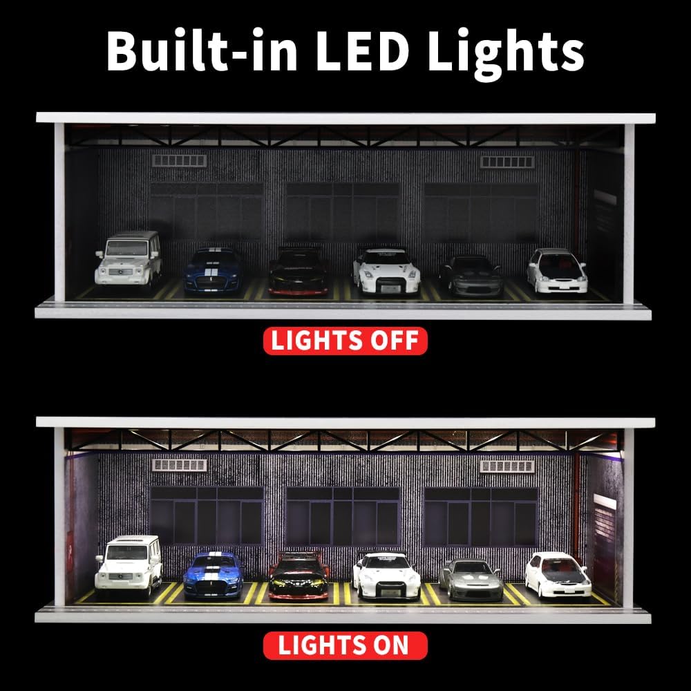 1/64 Scale Diorama Garage Display Case for Die-Cast Model Cars | Acrylic Cover, Storage with 6-Space Scene Parking