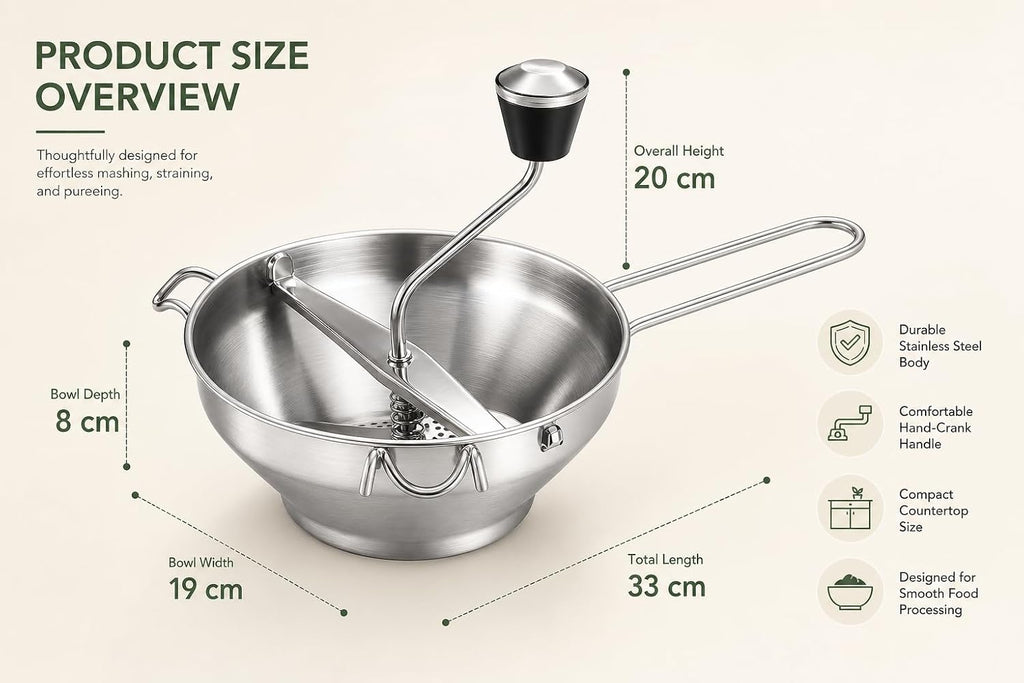 Stainless Steel Food Mill – Heavy-Duty Hand Crank Food Mill with 3 Interchangeable Discs |Manual Food Strainer for
