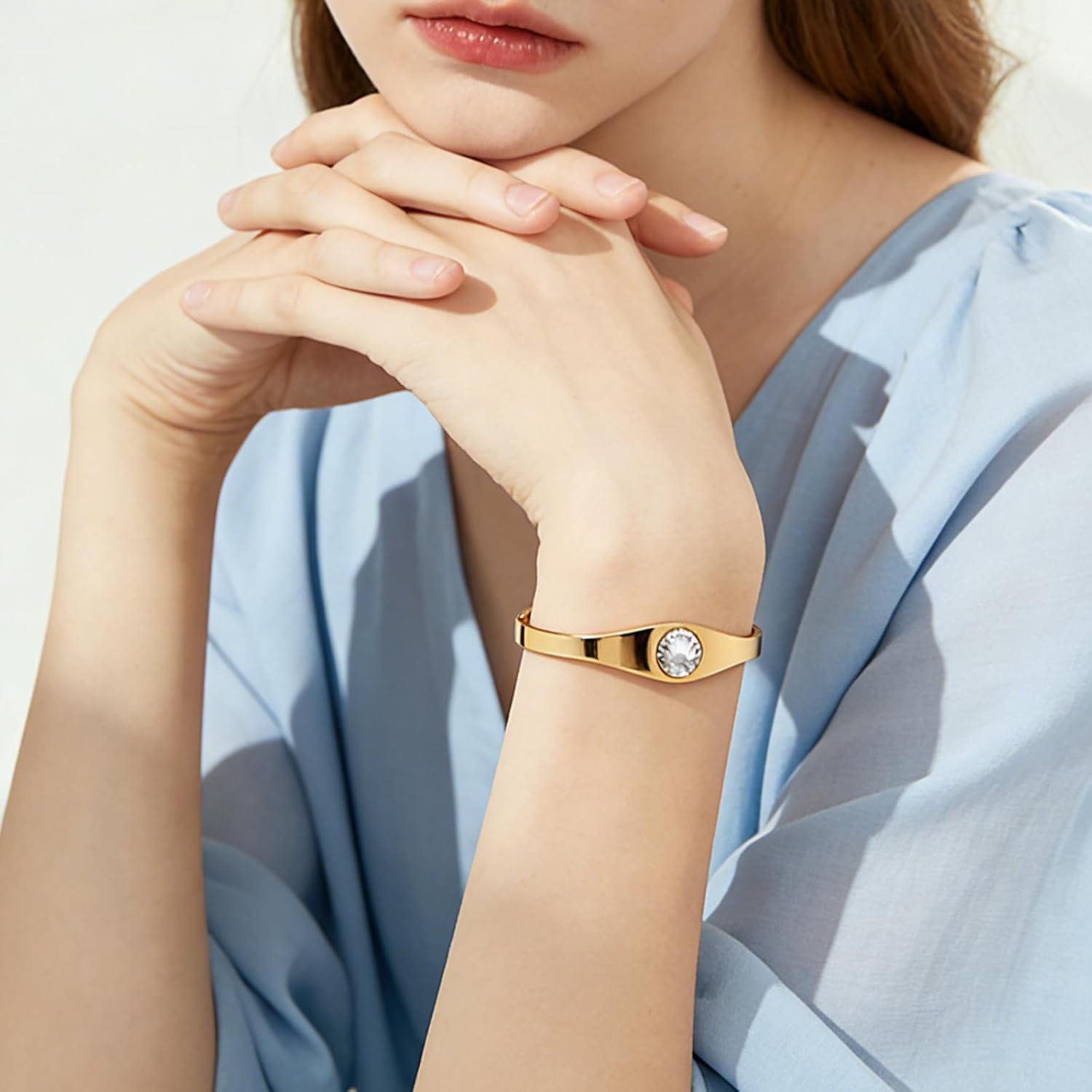 14K Gold Plated Stainless Steel Oval Bangle Bracelets for Women - 5 Styles Available S/M/L